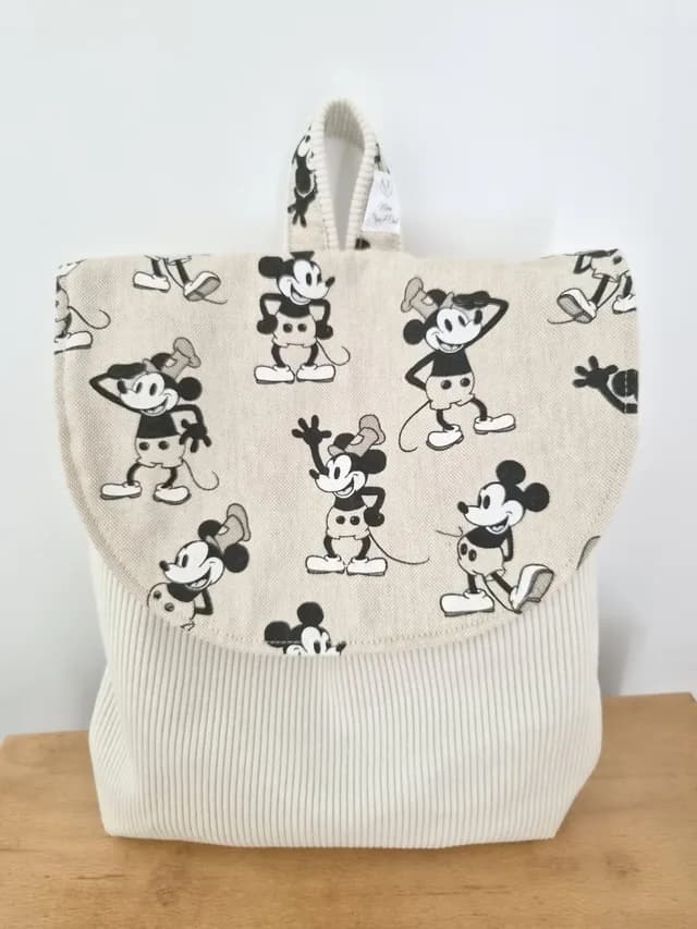 Sac à dos enfant en velours côtelé crème avec rabat fermé à motifs Mickey vintage