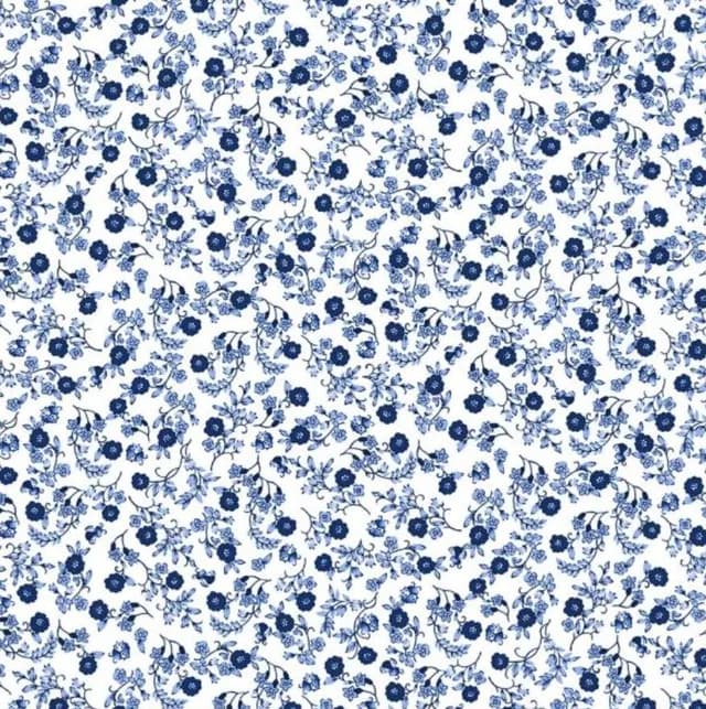Motif floral Liberty Giorgio composé de petites fleurs et feuillages bleus sur fond blanc