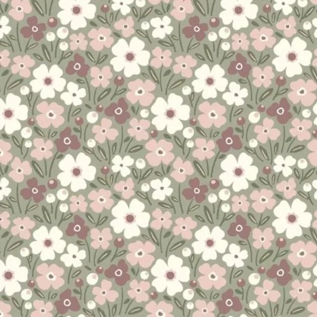 Motif textile à petites fleurs blanches et roses sur fond vert sauge