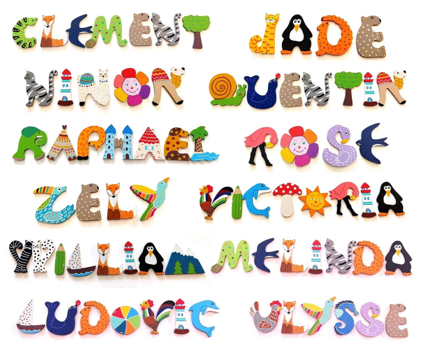 Détail de lettres de l'alphabet peintes et découpées illustrant divers motifs ludiques