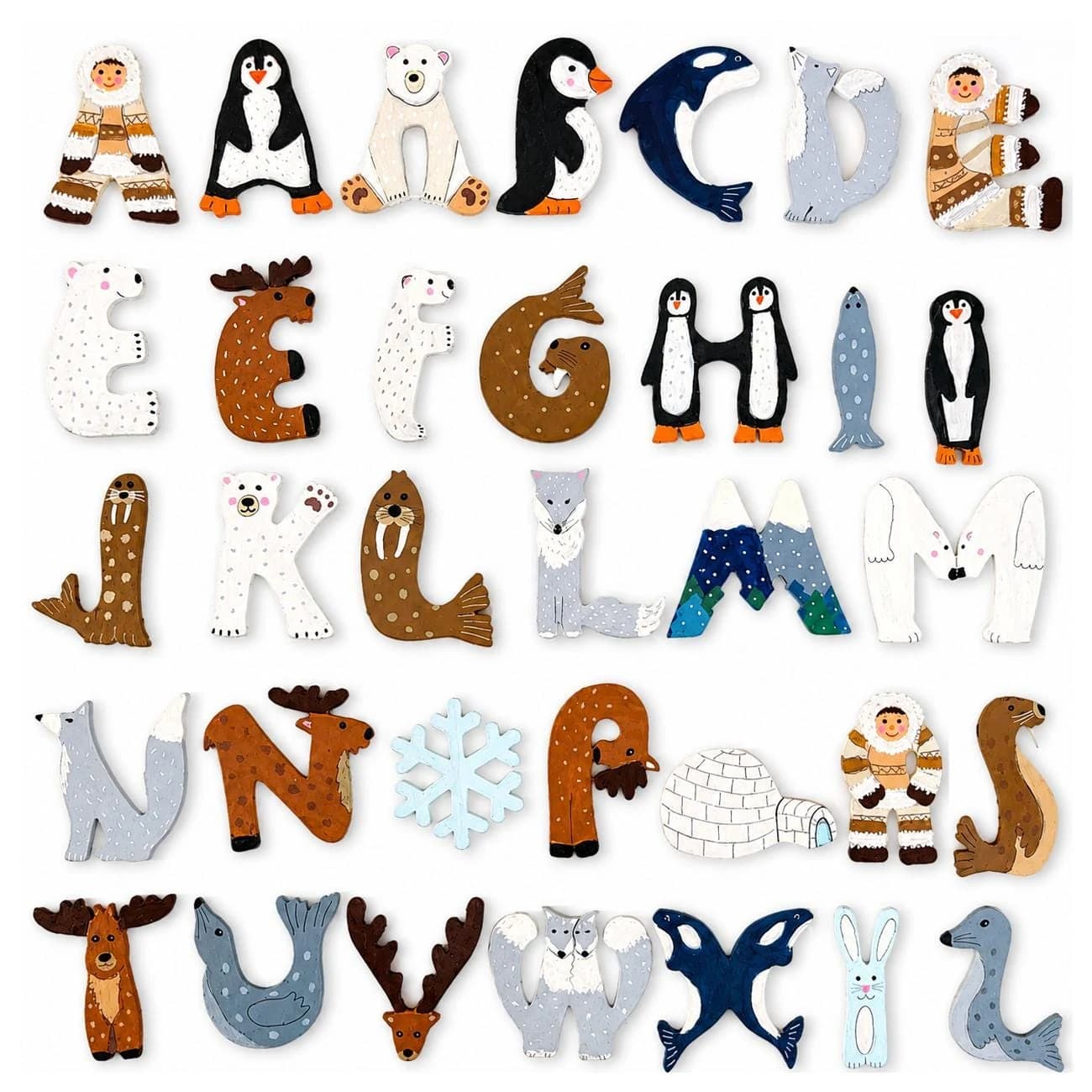 Lettre en bois prénom banquise, pôle Nord, hiver, animaux polaires — prénom de 9 lettres