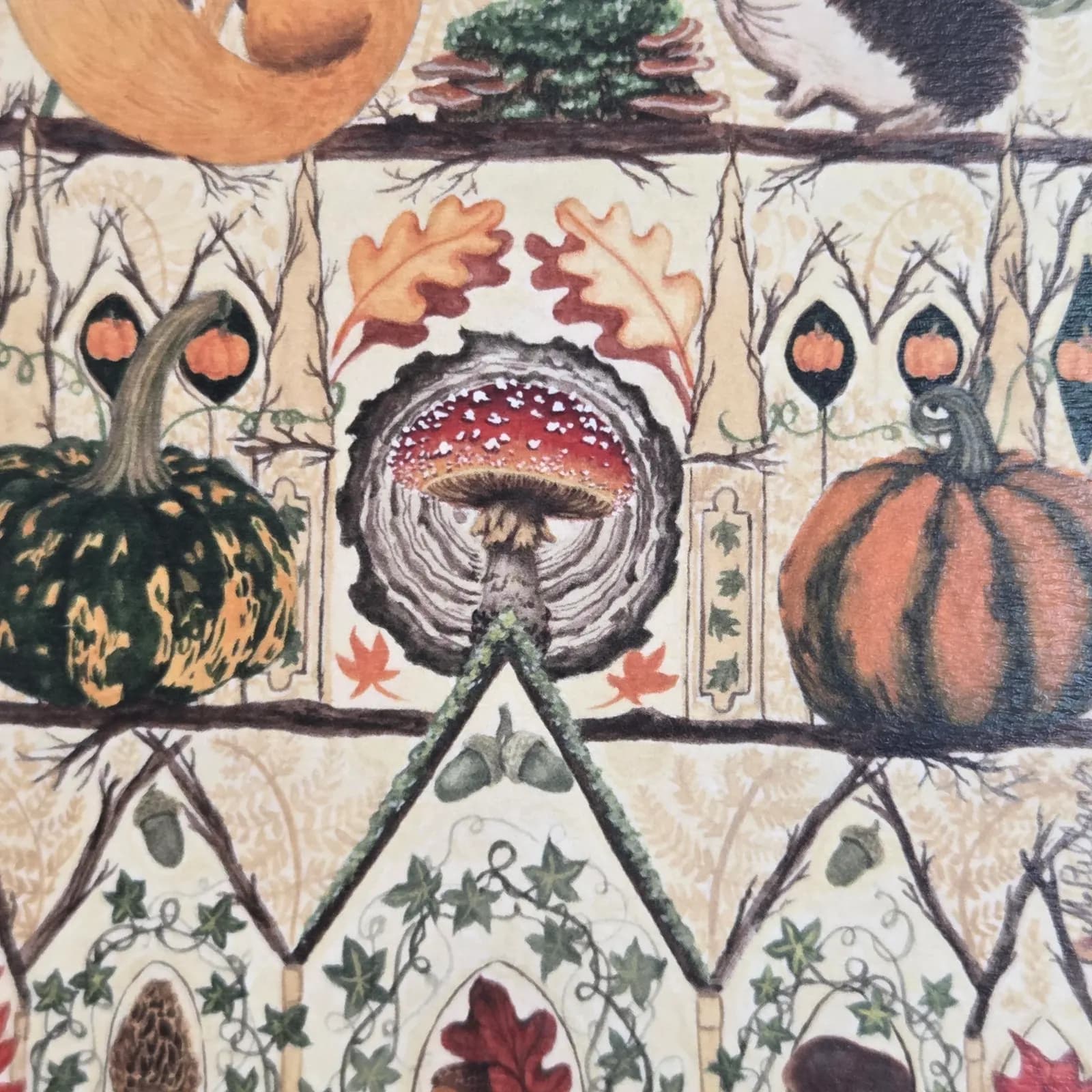 Gros plan sur les détails de l'illustration montrant des courges, une amanite tue-mouches et des feuilles de chêne.