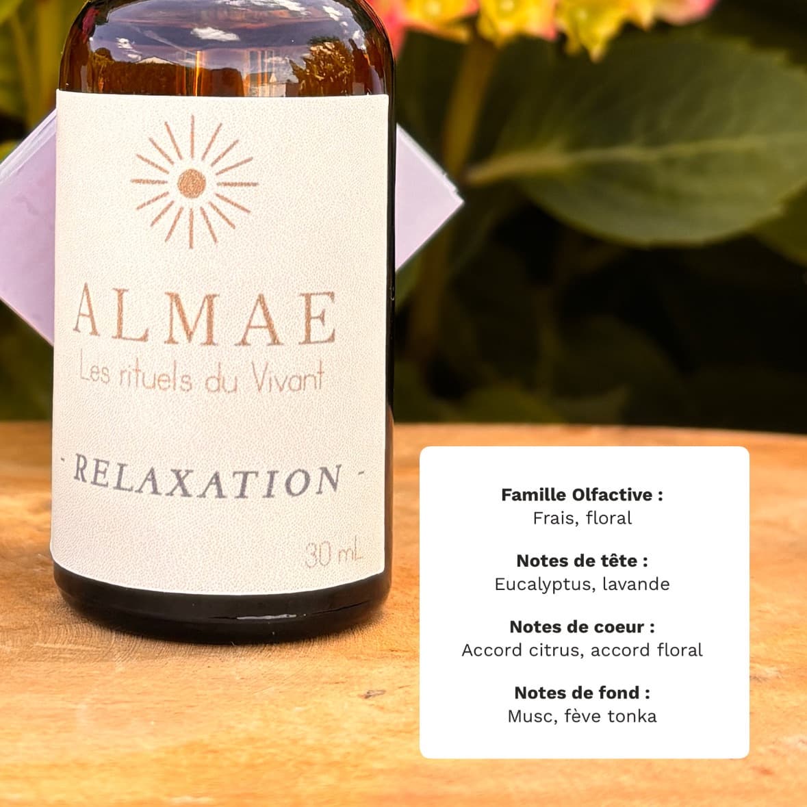 Flacon de fondant liquide Relaxation 30 ml et fiche descriptive de ses notes fraîches et florales.
