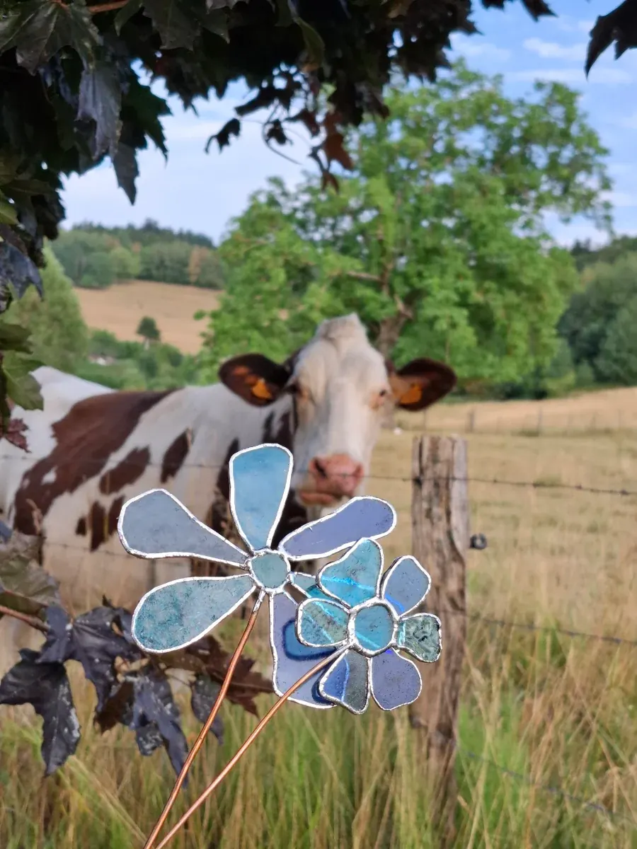 Fleurs en vitrail bleu disposées dans un vase rouge près de plantes d'intérieur