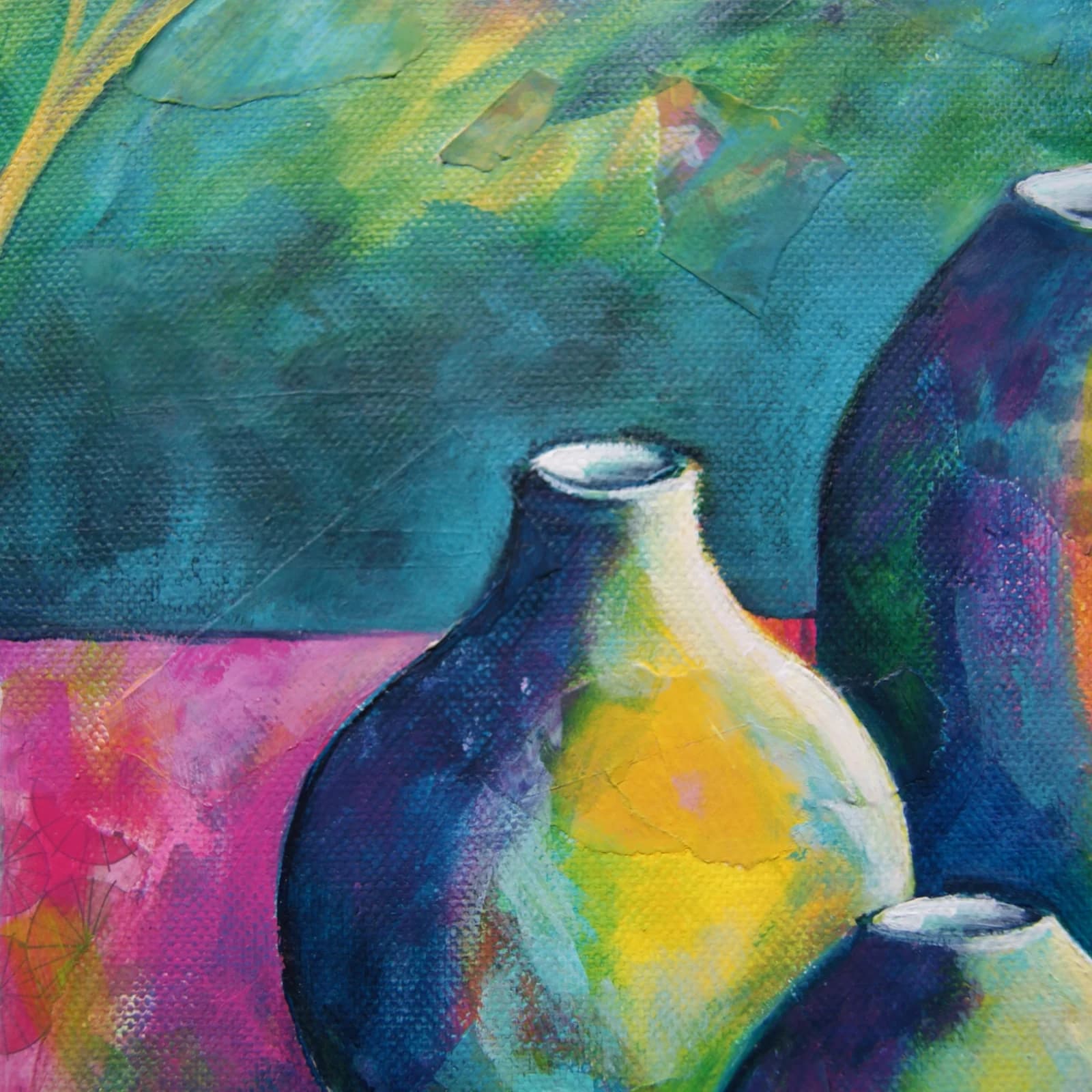 Tableau nature morte aux vases colorés