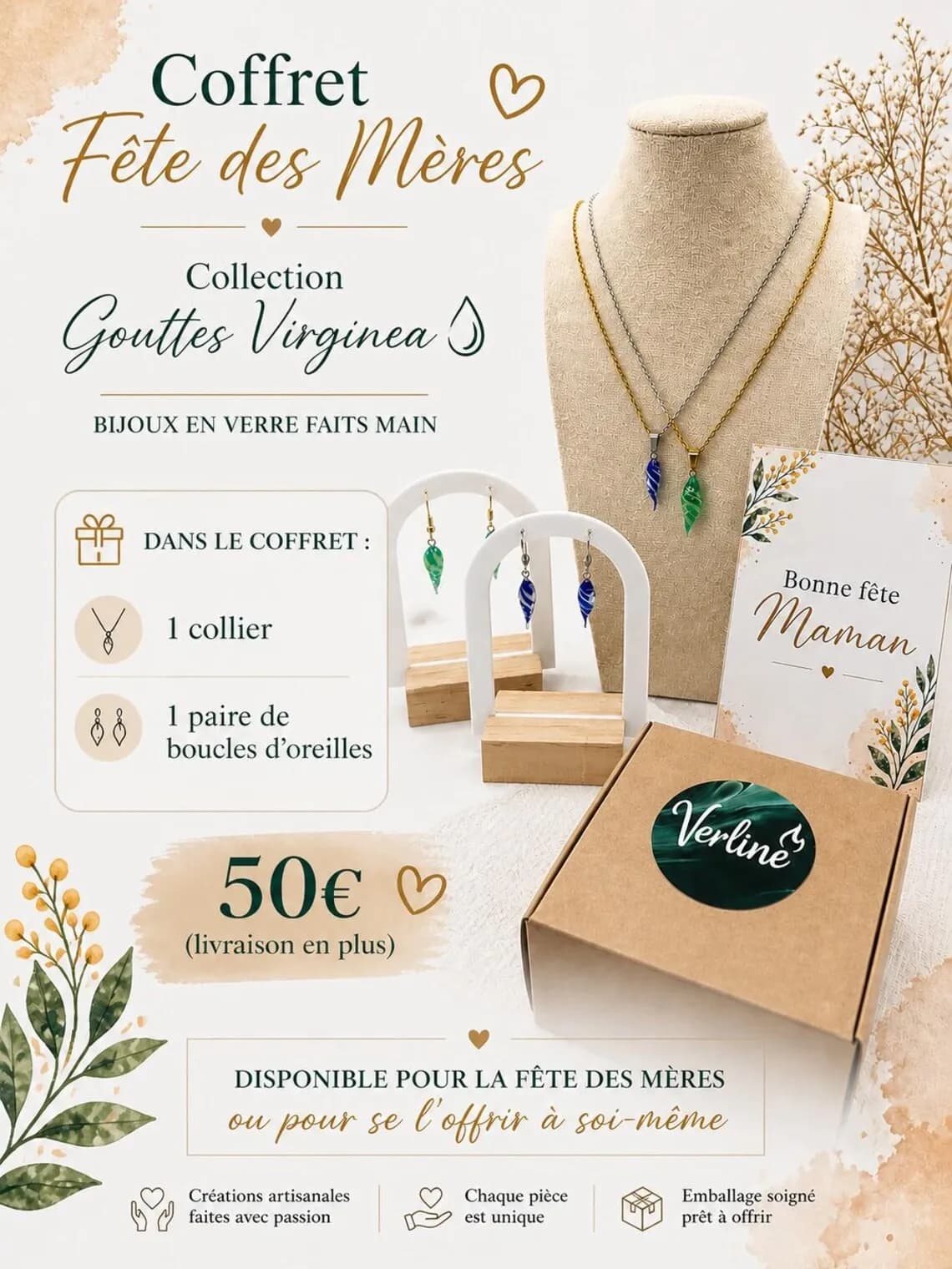 Présentation du coffret avec boîte en carton kraft, carte assortie et bijoux en verre